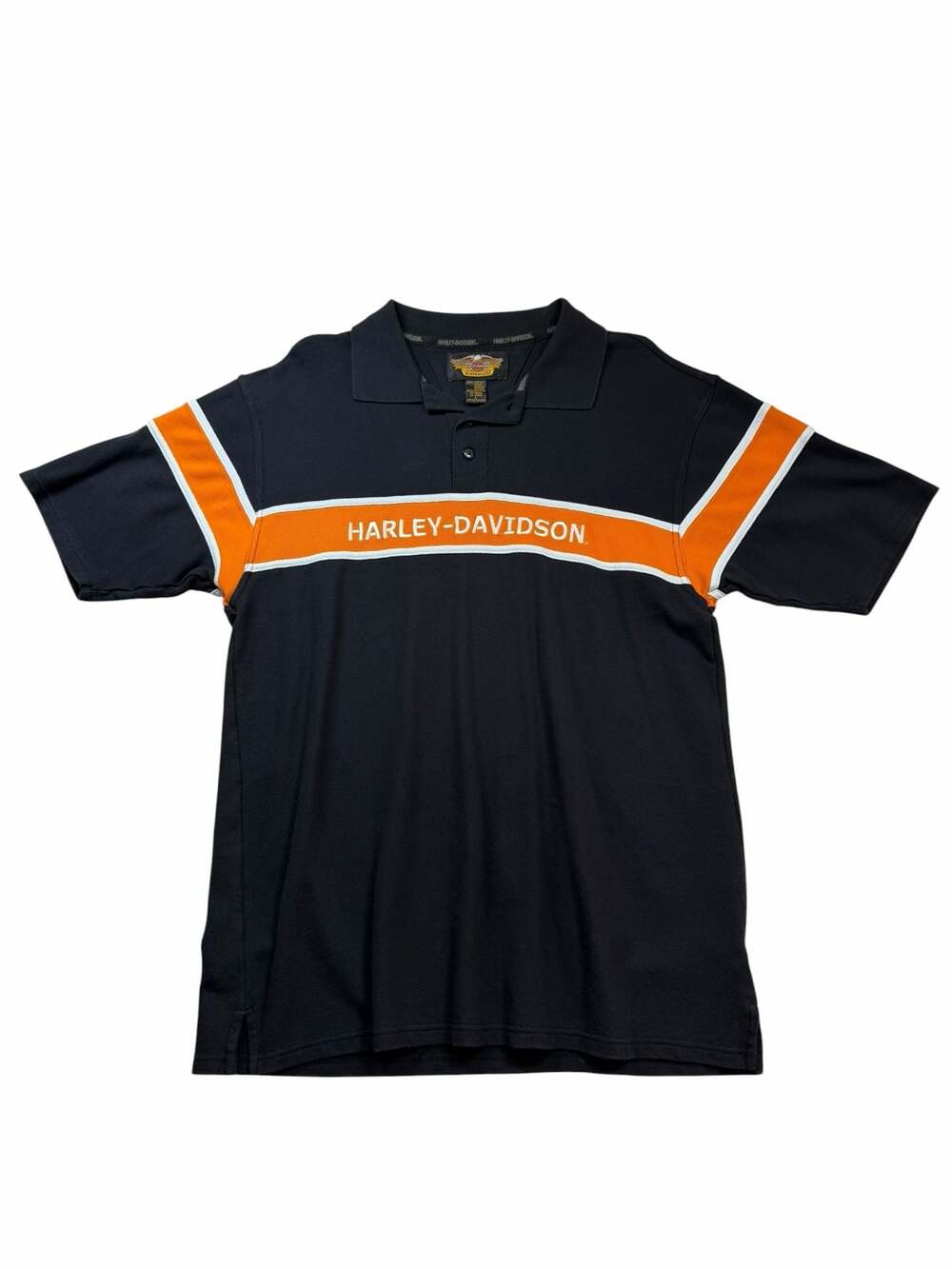 Harley-Davidson Mens L Black Orange Stripe Polo Shirt Embroidered Logo - Picture 1 of 7